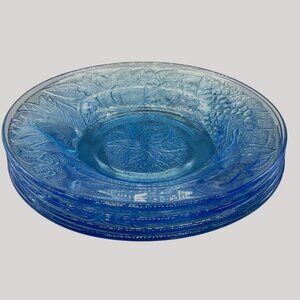 KIG Ice Blue Glass Plates Set Of 4 VTG Fruit Embossed Decorative Trinket Dish